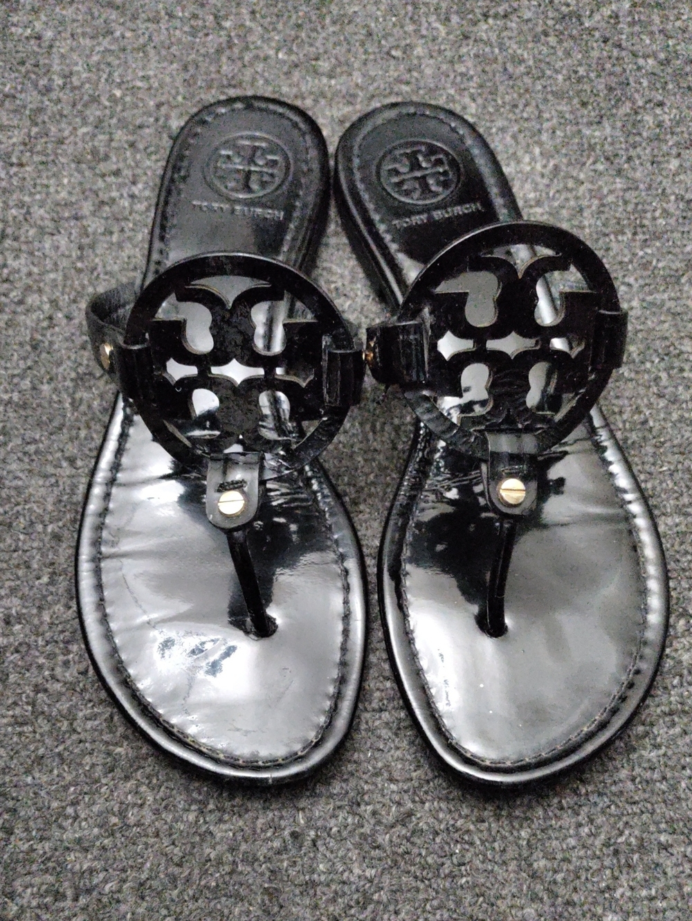 Tory Burch Black Patent Logo Thong Sandals